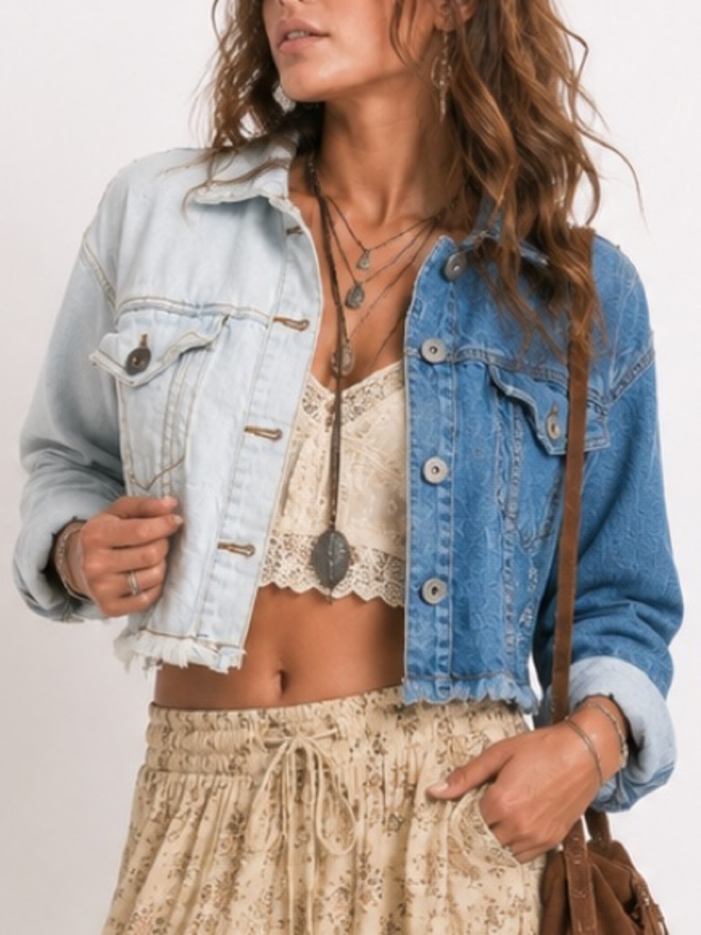 Two-Tone Cropped Denim Jean Jacket White Blue Y2K Boho Spoon Jeans  | Medium